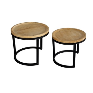 Round Wooden Nesting Coffee <b>Table</b> Set of Two Solid Timber Tray Top with <b>Black</b> Metal Frame Modern Living Room <b>Side</b> <b>Tables</b> Duo - Product Image 1