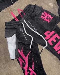 <b>Top</b> Selling Acid Wash Rhinestone Tracksuit Cropped <b>Zip</b> Hoodie and Flare Sweatpants Set Pink Graphic Applique <b>Women</b> - Product Image 4