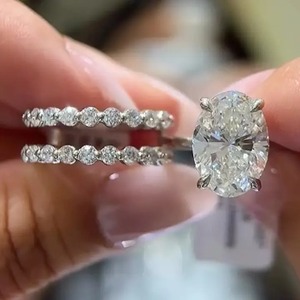 925 <b>Silver</b> Moissanite Diamond Solitaire Oval Cut Enhancer Wedding <b>Ring</b> <b>Set</b> in White Gold Plated <b>Ring</b> with D Color & VVS Clarity. - Product Image 2
