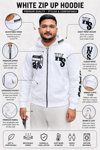 White <b>Zip</b> Up <b>Hoodie</b> Men Cotton Knitted Streetwear Hooded Sweatshirt With Print Design And Kangaroo <b>Pocket</b> Oversized Fit <b>Hoodie</b> - Product Image 2
