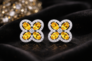 925 <b>Silver</b> <b>Stud</b> <b>Earrings</b> Yellow Zircon Flower Clover Shape Ear <b>Studs</b> with Clear Stone Halo for Women - Product Image 4
