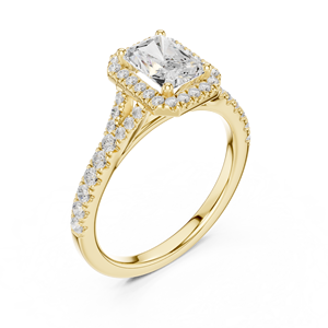 Anillo de Compromiso con Diamante Corte Radiante en Oro Amarillo y Halo con Banda Pavé, Joyería Nupcial Clásica para Mujer - Product Image 1