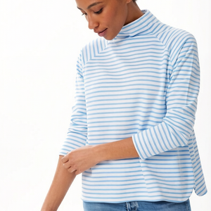 Women's Light Blue White Striped Turtleneck Top Three Quarter Sleeve Knitted Casual Spring Wear Casual Pullover Top - Product Image 4