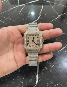 Superbe montre-bracelet de luxe pour homme en acier inoxydable, entièrement sertie de pierres, mouvement mécanique analogique, verre, résistance à l'eau 100 bars, bouton poussoir - Product Image 3