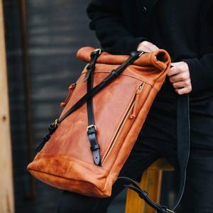 Sleek <b>Black</b> Leather Roll Top <b>Backpack</b> Modern Urban Rucksack For <b>Men</b> Fashionable City Laptop Bag LRTB-0173 - Product Image 6