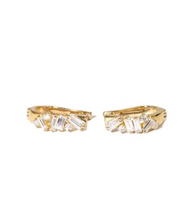 DEF Color VS VVS Clarity 10K 14K 18K <b>Solid</b> <b>Gold</b> Baguette & Round Lab Diamond <b>Huggies</b> Earrings Handmade Platinum Fine Earrings - Product Image 1