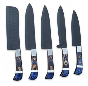 Ensemble de 5 couteaux de chef noirs martelés faits à la main, manche en bois bleu, outil de cuisine en acier inoxydable - Product Image 3