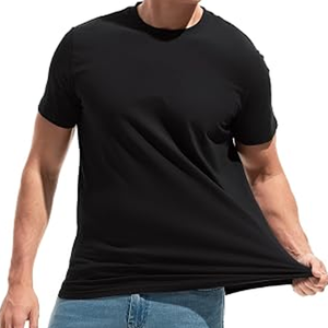 T-shirt pour homme à col rond, manches courtes, noir uni, en jersey de coton, coupe décontractée, tissu tricoté uni teint - Product Image 6