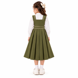Uniforme Escolar para Niñas, Vestido Verde Oliva Tipo Pinafore, Blusa Blanca de Manga Larga, Falda Plisada con Detalle de Botones - Product Image 6