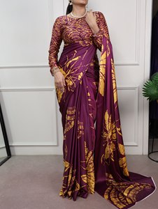 Sari en soie satinée imprimé par des designers pour femmes, vêtements ethniques, exportation - Product Image 2