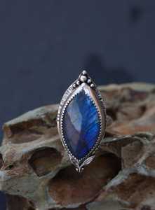 Marquise Labradorite Statement Ring – Gothic Filigree Blue Flash Gemstone Ring Handmade Silver Ring <b>Gift</b> For Her - Product Image 5