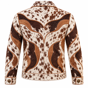 Blouson de moto en cuir de vachette à motif vache pour homme, vêtement d'extérieur décontracté, col montant réglable, fermeture éclair et boutons sur le devant - Product Image 2