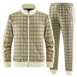 Ensemble de survêtement 2 pièces pour homme, beige à carreaux, veste zippée à col rabattu, manches longues, pantalon de survêtement à cordon de serrage, décontracté - Product Image 1