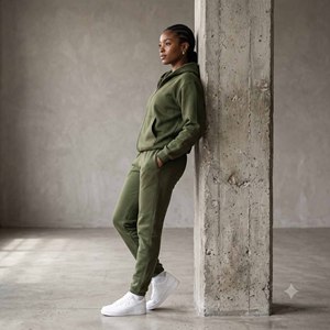 Conjunto Deportivo con Capucha para Mujer, Color Verde Oliva, Pantalones Largos y Sudadera, Estilo Casual Otoñal, Color Sólido, 100% Algodón - Product Image 3