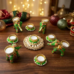 Juego de Portavelas de Elefante Verde Hechos a Mano con Detalles en Perlas Doradas para Diwali, Bodas, Pooja y Decoración Festiva del Hogar - Product Image 3