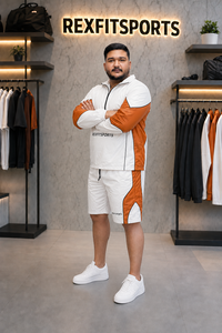 Ensemble de survêtement REXFIT SPORTS 2026 blanc et orange en nylon froissé, veste coupe-vent à demi-zip et short à empiècements - Product Image 6