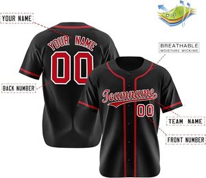 Camiseta de béisbol personalizada, negra y roja, con estampado sublimado, nombre del equipo, número, manga corta, botones delanteros, ropa unisex para adultos - Product Image 2