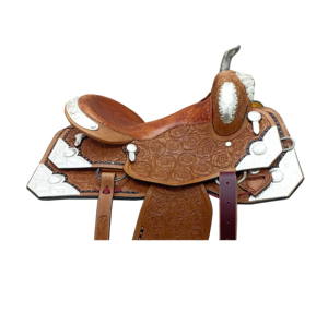 Silla de montar western de cuero tópico para carreras de barriles, con diseño floral tallado a mano y estampado plateado, asiento rígido, fabricante indio - Product Image 4