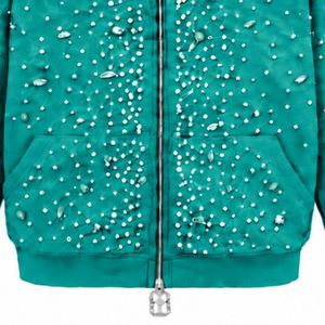 Sweat à capuche zippé Teal Pearl, veste streetwear de luxe ornée de perles, sweat à capuche à manches longues avec poches avant, tenue décontractée - Product Image 5