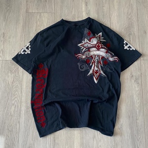 Premium Quality Graphic <b>T</b> <b>Shirt</b> Wings Skull Print Heavyweight Black Tee OEM ODM High Street <b>Gothic</b> Wings Cross Sleeve Print Tees - Product Image 1