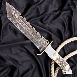Cuchillo de caza artesanal de acero damasco y cobre San-Mai para exteriores con mango de asta de ciervo y guardacuchillo de acero, hoja fija de 8 pulgadas con punta caída - Product Image 3