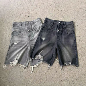 Shorts Bermuda en jean déchiré taille haute pour homme, style décontracté, délavé uni, braguette boutonnée, ourlet effiloché - Product Image 3