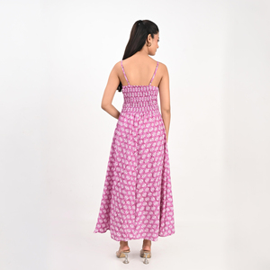Pink Floral Print Maxi Dress Tie Neck <b>Spaghetti</b> Strap Sheath Silhouette Slit Front Breathable Cotton Summer Casual Wear - Product Image 3