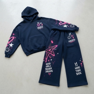 Women's Navy Blue Graphic Hoodie <b>Tracksuit</b> <b>Set</b> <b>Pink</b> Heart Star Print Wide Leg Pants Streetwear Two Piece Outfit - Product Image 4