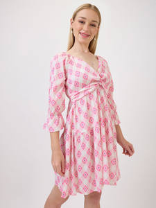 Vestido Midi Formal Holgado con Estampado Floral Rosa, Ecológico, para Verano, Cuello en V, Manga Tres Cuartos, Cintura Natural - Product Image 2