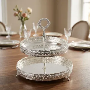 Plateau de service de luxe en argent à 2 niveaux, support à gâteau décoratif, plateau à dessert, présentoir à fruits et en-cas en métal pour la maison, les fêtes et les mariages - Product Image 4