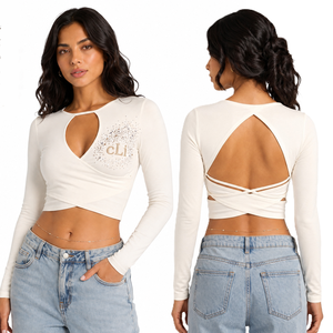 Nouvelle chemise tendance pour femme avec motif en strass, découpe sur le devant, manches longues, crop top blanc, dos croisé, chemisier en coton personnalisé DTG - Product Image 1