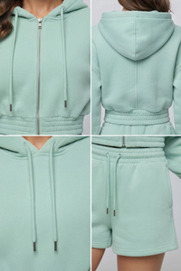 Conjunto de sudaderas con capucha vintage para mujer, de algodón y forro polar, para invierno, con cremallera, corte crop, cintura con cordón, 400 GSM, y pantalones cortos de chándal. - Product Image 6