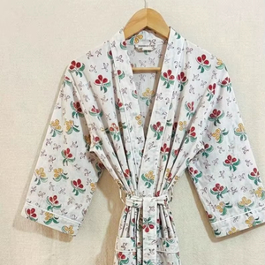 Robe Kimono en Coton Imprimé à la Main, Peignoir Léger en Pur Coton, Robe Longue pour Femme - Product Image 1