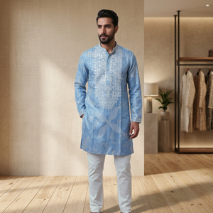 <b>Men's</b> Embroidered <b>Kurta</b> With Regular Fit Traditional <b>Indian</b> Pakistani Casual Wear <b>For</b> All Seasons - Product Image 1