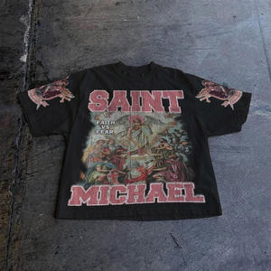 T-shirt graphique vintage Saint Michael pour hommes, Faith Over Fear, illustration religieuse, tee-shirt en coton surdimensionné, style streetwear - Product Image 2
