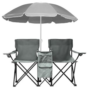 Sedia Pieghevole da Esterno a 2 Posti con Ombrello Rimovibile per Spiaggia, Campeggio, Pesca, Grigia - Product Image 1