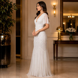 Luxury Pearl Embellished Mermaid Bridal Gown Elegant White V Neck Wedding Dress Premium Lace Beaded Formal Evening Maxi Dress - Product Image 3