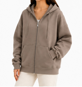 Sweat-shirt en molleton à capuche surdimensionné pour femme, fermeture éclair, marron uni, manches longues, longueur normale, coton respirant, vêtements d'automne - Product Image 6