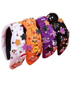 Accesorios para el cabello de tela con diseño de calabaza y calavera, con pedrería, perlas y lentejuelas, estilo boutique, festivos y espeluznantes, con nudo, para Halloween, gran éxito de ventas - Product Image 1