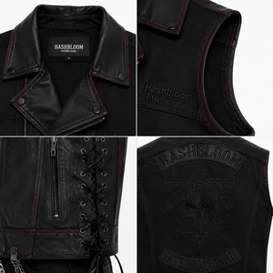 Gilet de motard asymétrique en jean personnalisé pour femme, style punk, coupe club, patchwork, surpiqûres rouges, fermeture éclair, OEM - Product Image 4
