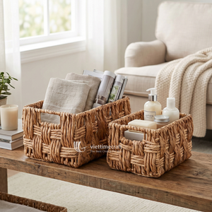 Handwoven Classic Water Hyacinth <b>Storage</b> <b>Basket</b> <b>Rectangular</b> Durable Large Capacity Lid Organizer Bin Beige for Closet Shelf Home - Product Image 3