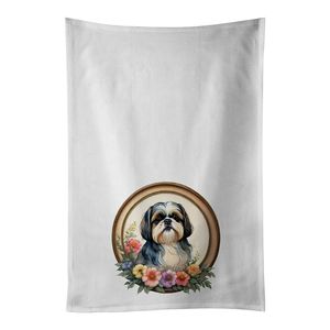 Ensemble de serviettes de cuisine décoratives Shih Tzu Flowers, 2 serviettes de cuisine blanches, 1 multi-usage, 19x28 pouces - Product Image 1