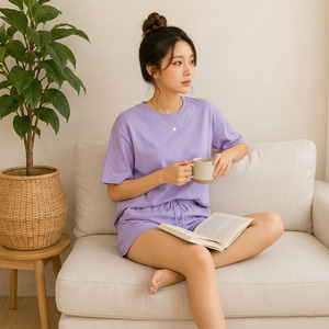 Ensemble de vêtements de détente pour femmes, été, 95% coton, 5% élasthanne, jersey respirant, confortable, shorts simples - Product Image 2