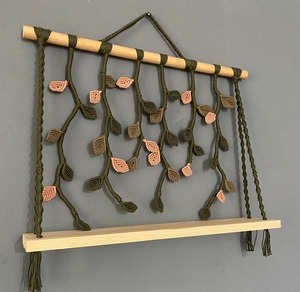 Artistic Green Leaf Pattern Macrame Wall Hanging Shelf With Wooden Base Suitable For Home <b>Decor</b> And Gifting Purpose From India - Product Image 1