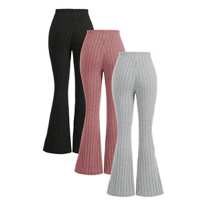 Pantalones de mujer al por mayor, lisos, casuales, de punto acanalado, de alta elasticidad, textura suave, ajuste ceñido, pierna ancha, Spandex/Poliéster, Otoño - Product Image 2