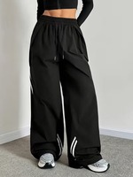 Pantalones de chándal de verano de talla grande para mujer, 100% algodón, con cintura media con cordón, parte delantera plana, corte holgado y pierna ancha, estilo urbano 3D