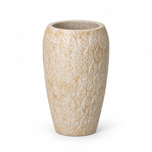Trio de jardinières hautes en fibro-ciment gaufré effet feuille, coloris crème marbré, pour la décoration extérieure de patio, terrasse et jardin - Product Image 1