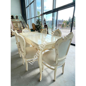 Ensemble de table à manger de luxe artisanal blanc et or pour 6 personnes, décor victorien orné et sculpté, finition brillante - Product Image 1