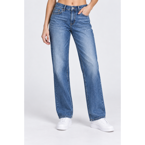 Jeans de Mezclilla Rectos de Cintura Alta para Mujer, Transpirables, con Logotipo Bordado y Bolsillos Delanteros, Color Índigo Oscuro, Tallas XXS-XL - Product Image 1
