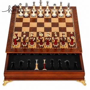 Luxury Brass <b>Chess</b> <b>Set</b> Brown Square <b>Wooden</b> Storage Board Gold Silver and Red Colour Handmade Royal Strategy Game Decor - Product Image 1